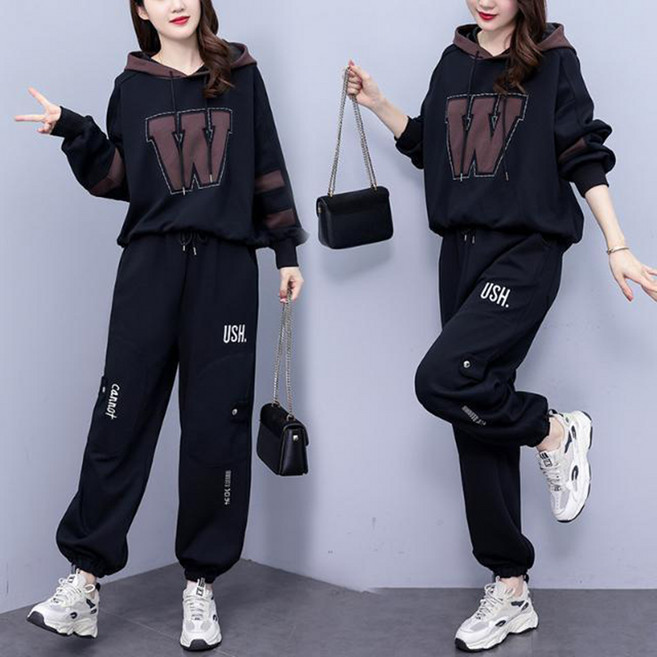 패션 기모 가을겨울 여성용 빅사이즈 도톰한 맨투맨+바지 상하의세트 캐주얼 루즈핏 트레이닝 투피스