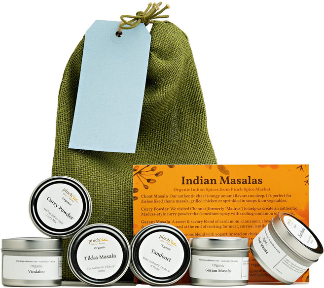 인도 마살라 선물 상자 - 6가지 유기농 인도 향신료 믹스 Indian Masalas Gift Bag with 6 Organic Seasonings | Great Present f, 1개