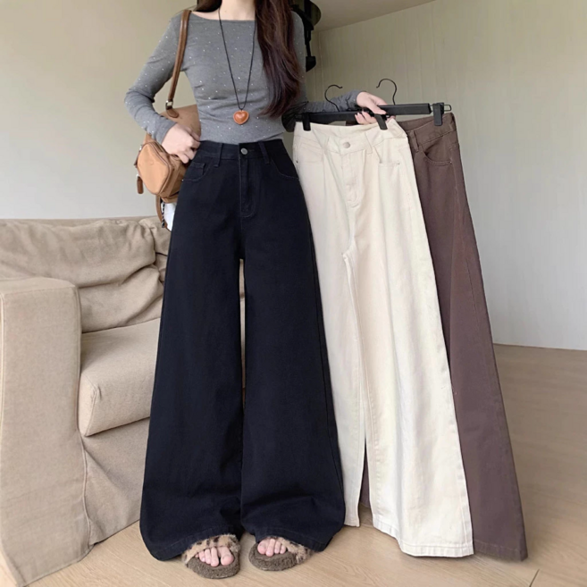 한국풍 빈티지 하이웨이스트 와이드 데님 팬츠 / 단색 심플 디자인 롱랩스