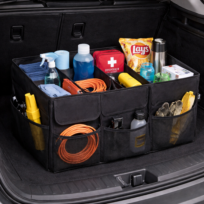 지니원 대용량 접이식 칸막이 수납 트렁크 정리함, 블랙