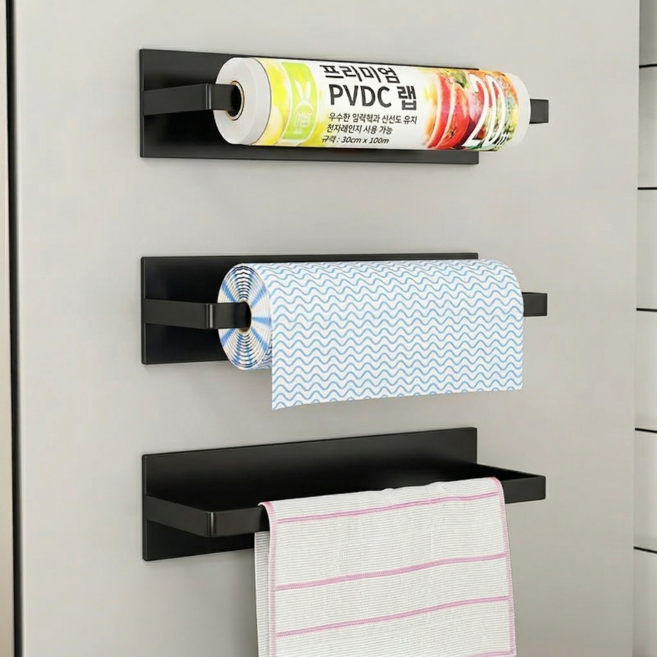 [강력자석] 무타공 마그네틱 키친타월 걸이 냉장고 부착형 종이타올 홀더 롤휴지 선반, 1개, 무광 블랙