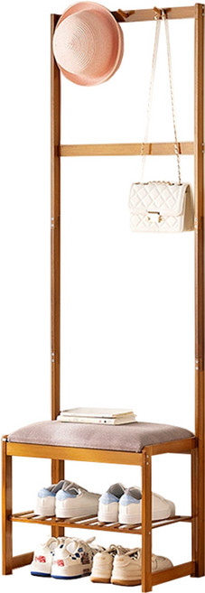 多功能竹製鞋架長凳 帶掛衣桿 雙層收納 玄關收納, 胡桃木色, 1個