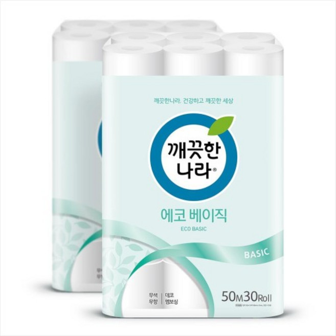 깨끗한나라 에코 베이직 2겹 롤화장지, 50m, 30개입, 2개