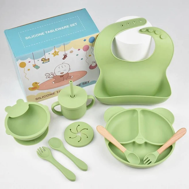 이유식기 실리콘 올인원 유아동식기 세트, 1세트, 9종, 그린아보카도 - 쿠팡