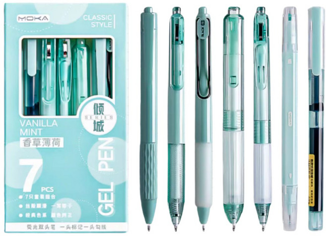 JS購物 按壓式速乾中性筆 0.5mm ST筆頭 原子筆 黑紅藍三色 辦公文具 墨水筆 學生筆 手帳, 1套, 按動刷題筆中性筆7件套【香草薄荷系列】, 按動刷題筆中性筆7件套【香草薄荷系列】