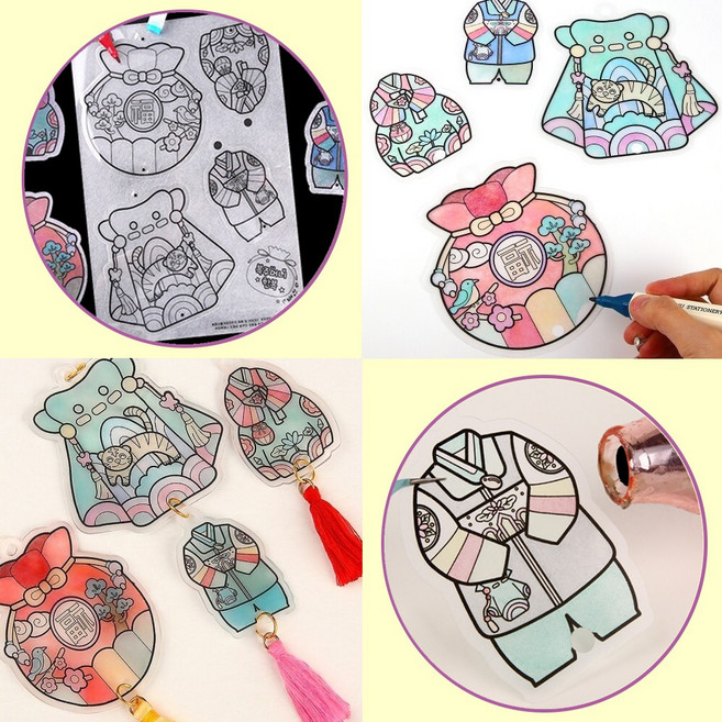 신기한 마술종이 복주머니 한복 노리개 디자인 DIY 만들기키트 체험활동 열쇠고리 키링 미술놀이, 1개, 오링100개입