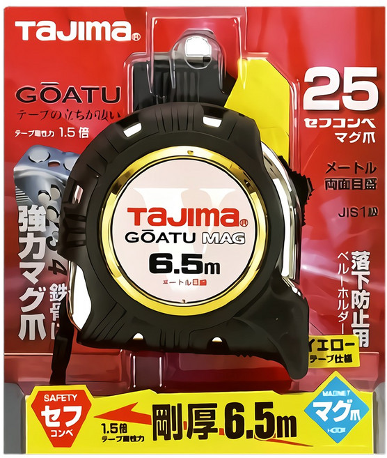 타지마 6.5m X 25mm 고아츠 자석 줄자 셀프락 자동 양면 눈금 측정 전문가용 목수 목공 핸디 줄자 GASF-GLM25-65