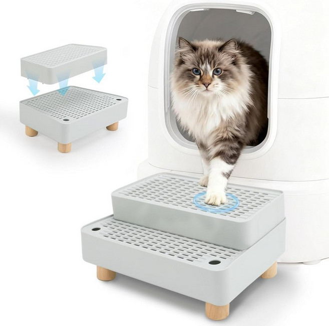 고양이 배설물 상자용 고가 경사로 나무 받침대가 있는 2단계 페달 스텝 스툴 분리 가능한 이중 레이어 트랩 소형 및 노인 미끄럼 방지블랙에 적합합니다, Grey