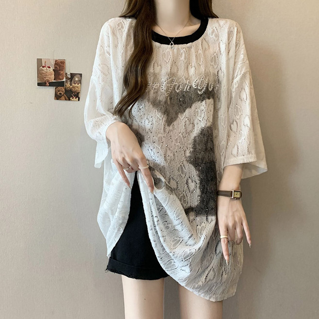 페이준 여성 봄여름 빅사이즈 안개꽃 반팔티 루즈핏 날씬해 보이는 레이스 자카드 톱 GG7385