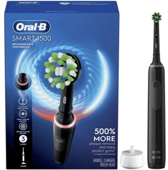Oral-B 스마트 1500 전동 충전식 배터리 칫솔 검은색, 기본, 1개