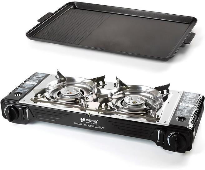 키친아트 휴대용 트윈 가스렌지 + 불판 세트, MIX (혼합색상), 1개