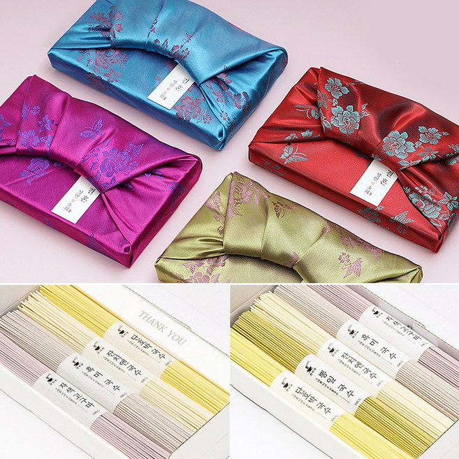 잔치엔 오색국수 답례품 클러치 비단 보자기포장(색랜덤발송) 돌잔치 결혼 웨딩 유치원 가정의달 명절 선물세트, 잔치엔 국수 5조, 1개