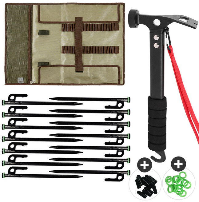 자캠 고강도 20cm 캠핑 단조팩 14개 세트 보호캡 야광링 롤팩가방 스틸해머, 1세트, 혼합색상