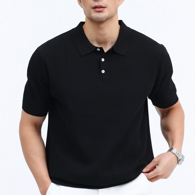 글리멜로 남자 여름 비스코스 니트 카라 반팔 티셔츠