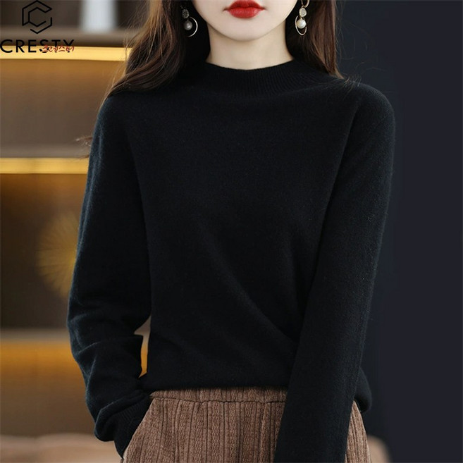 크레스티 여성 슬림 반폴라 스웨터 가을 겨울 라운넥 니긴팔 트티