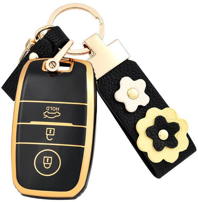 OFFCURVE 기아 자동차 엣지라인 3버튼 모닝 레이 풀커버 스마트키 키커버 키홀더 호환 스포티지 셀토스 쏘렌토 카니발 니로 K5, 블랙 골드+가죽 코드
