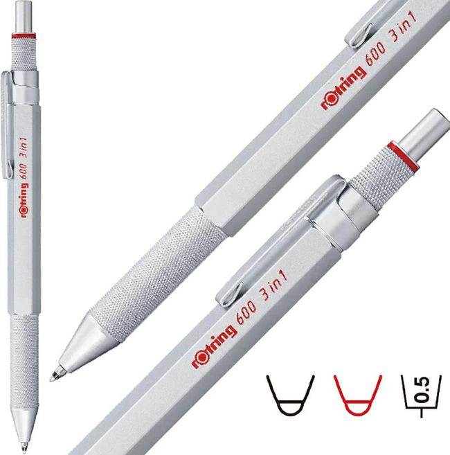 로트링 600 3in1 멀티펜 볼펜 2색 + 샤프 0.5mm, 1개, 실버