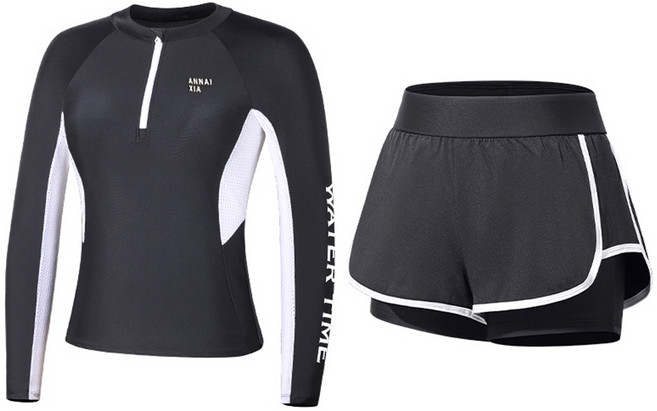 바닐라마카롱 반집업 배색 래쉬가드 세트 3부 팬츠 여성 긴팔 상의 레쉬가드 수영장 물놀이 휴양지 체형커버 수영복, R98666D(블랙, XL, 블랙