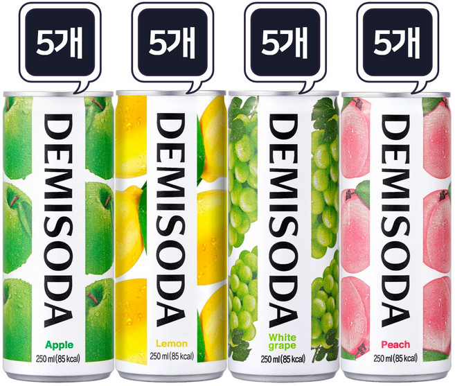 데미소다 250ml 애플 5캔+레몬 5캔+복숭아 5캔+청포도 5캔 총20캔, 20개