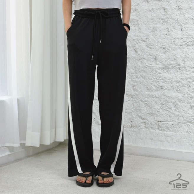 바이일이오 여성 사이드 배색 슬릿 절개 트랙팬츠 허리밴딩 긴바지