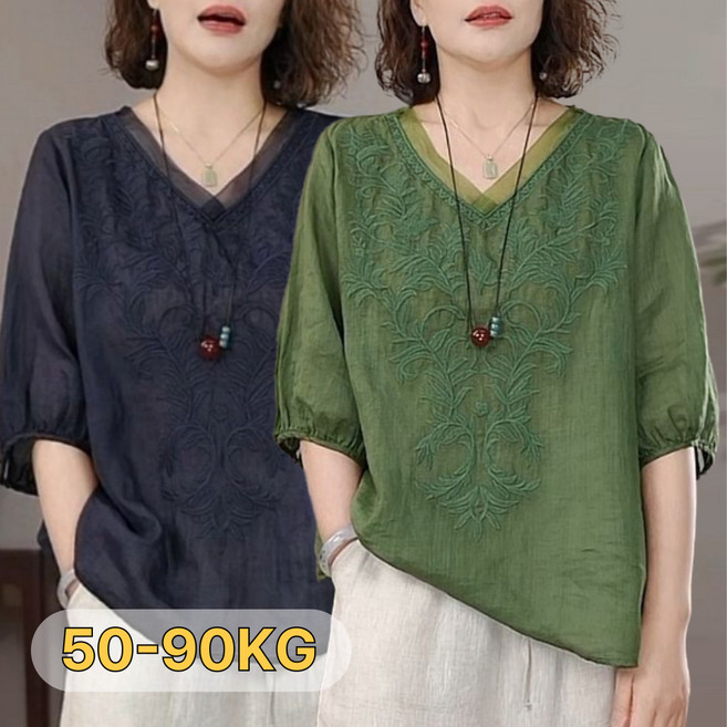 중년여성 여름 루즈핏 브이넥 린넨 자수 반팔티 하객룩 통기성 면마 티셔츠 40대50대60대 빅사이즈