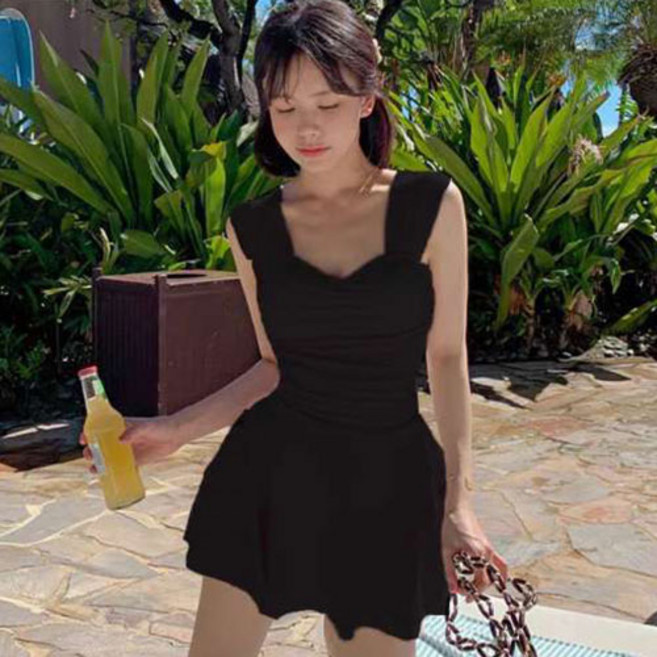 하늬바람 스윔웨어 스윗 셔링 원피스 수영복 플레어 원피스 디자인 셔링 체형커버 스윔웨어 이너팬츠 일체형 수영복, 블랙