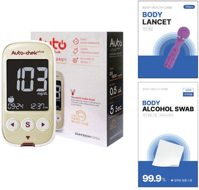 국산 오토첵 플러스 혈당측정기 + 시험지10매 + 알콜솜 100매 + 채혈침 100개 당뇨 당 체크기, 1개
