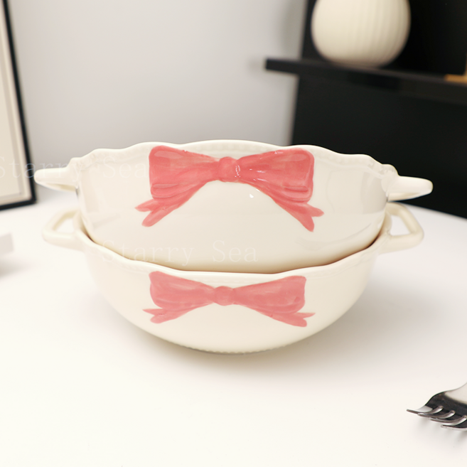 Starry Sea 정교하고 고급 양손 스프볼 예쁜 라면그릇 2인 귀여운 식기세트, 2개, 베이지색