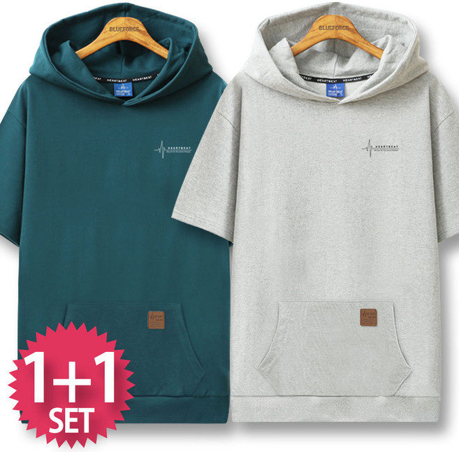 블루포스 레잇튼 반팔 후드티 [2장 묶음] 오버핏 무지 캥거루 포켓 남자 티셔츠 남성 빅사이즈 반팔티 단체티 여름 커플티 츄리닝