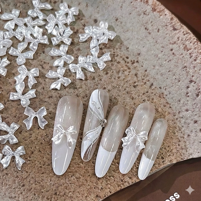 유니스뮬라 네일스톤 프리미엄 진주 화이트 네일리본파츠 50개 매듭리본스톤, 진주화이트