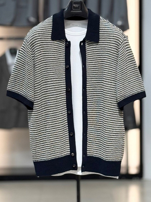 바쏘옴므 네이비 면 혼방 니트 카라 반팔 가디건 WSZ2WA42A NY_SC