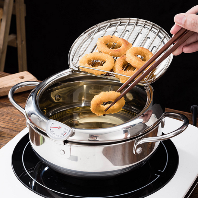 SMABAT 인덕션 올 스테인리스 프라이어팟 스텐 튀김냄비 올스텐 튀김냄비 다용도 멀티팟 분리형 스텐 튀김망 온도계 포함, 1개, 실버, 28cm