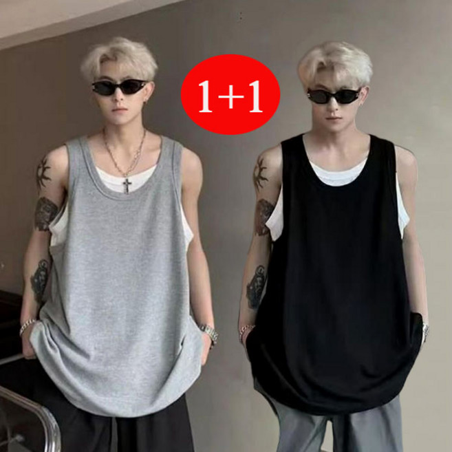 FINE ART 1+1 남성 레이어드 나시티 오버핏 민소매 티셔츠 빅사이즈 와플 나시 운동복 데일리