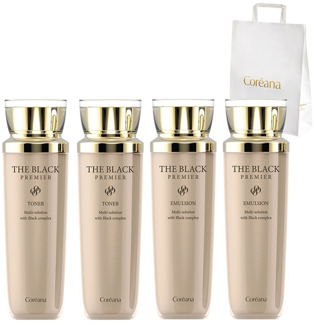 [4종] 코리아나 더블랙 프리미어 토너 140ml 2개+에멀션 140ml 2개+쇼핑백, 1세트