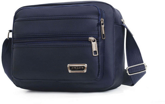 JINGPIN 男生尼龍斜背包 簡約休閒單肩側背包 多層收納郵差包, 藍色