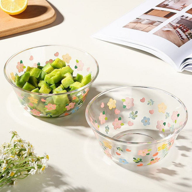 해피유통 꽃유리 프린팅 볼 투명 내열 가정용 식기 대용량 밥그릇 샐러드볼 jhljq, 대접 2개입 [800ML]
