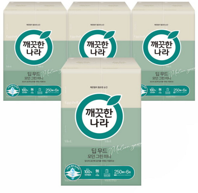 깨끗한나라 딥 무드 모던 그린 천연펄프 미니 미용티슈 2겹, 250매, 24개