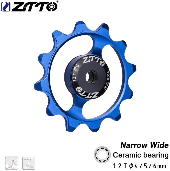 ZTTO 12T 13T MTB 자전거 뒷 변속기 좁은 와이드 자키 휠 롤러 세라믹 베어링 풀리 CNC 도로 가이드 4mm 5m, 03 1pcs Blue 12T, 1개