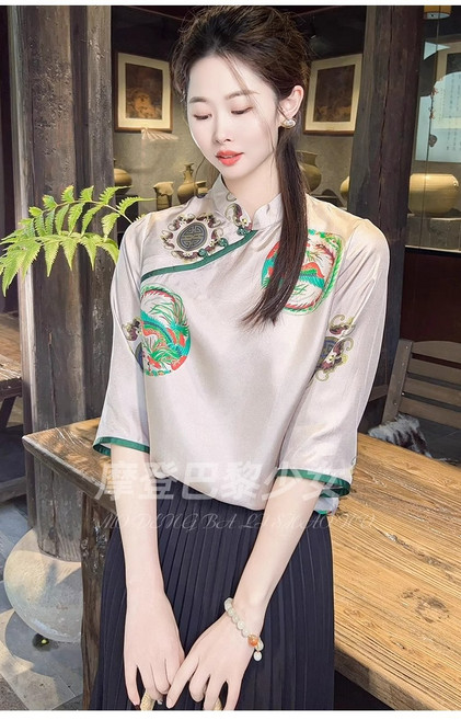 꽃프린트 블라우스 여성 하프 슬리브 루즈 빈티지 당나라 탑 중국 스타일 레트로 Cheongsam