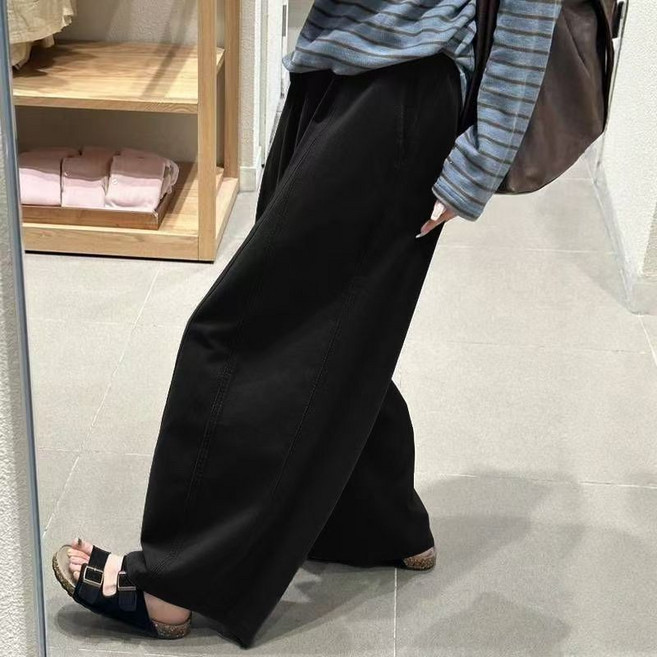 SELEAD 여성 밴딩 배기팬츠 여성면바지 와이드 9부 여자하이웨스트슬랙스