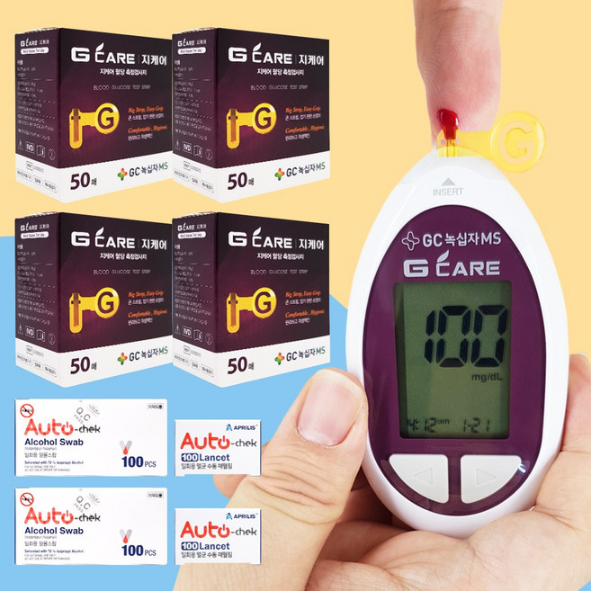 당뇨측정기+혈당시험지200+침솜200 지케어 당뇨전단계 식후 혈당수치 검사지, 1세트, 지케어 혈당검사기+시험지200+침200+솜200