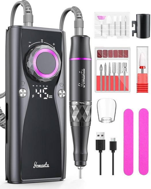 전기 네일 드릴 프로페셔널 키트 45 000 RPM USB 충전식 Efile 파일 젤 아크릴 연마용 12비트 포함 - 살롱 가정용 휴대용 매니큐어 도구 세트 골드, 블랙입니다.