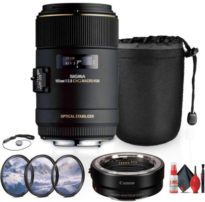 시그마 105mm f2.8 EX DG OS HSM 매크로 렌즈 캐논 번들 258101 세트 - 클리닝 키트 캡 키퍼 3개 필터 파우치 마운트 어댑터 EF-EOS R, 시그마 105mm f2.8 EX DG OS HSM 매크