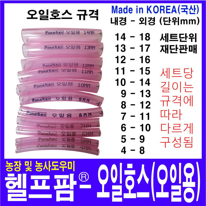 헬프팜 기름호스 오일호스 연료호스 내경 4 5 6 7 8 9 10 11 12 13 14 mm 포나후렉스, 1세트