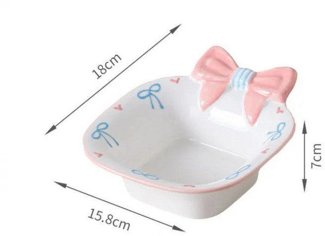 해피유통 도자기 트리밍 공기 리본 공기 그릇 jhwj, 핑크색[그릇+숟가락]