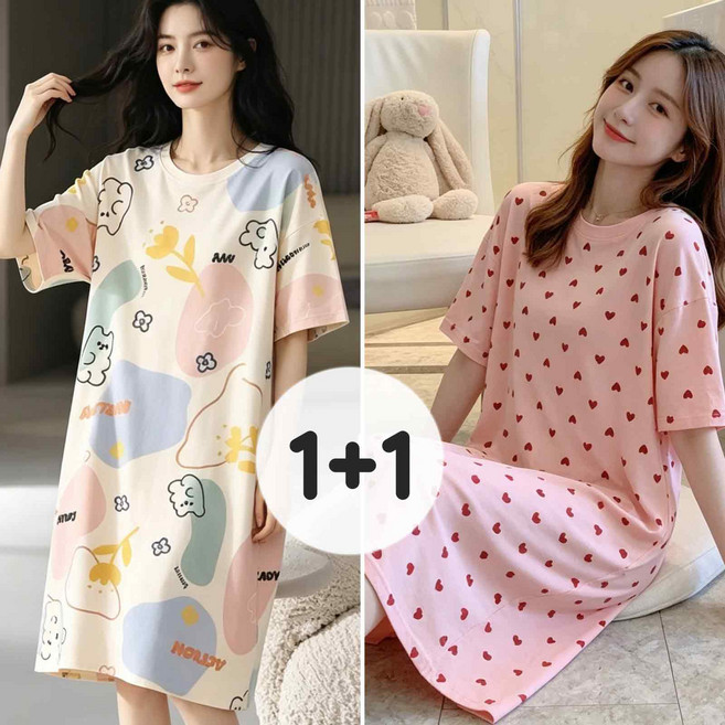 WAIJER 1+1 여성 여름 반팔 원피스 잠옷 빅사이즈 오버핏 홈웨어 파자마 캐릭터 수면잠옷