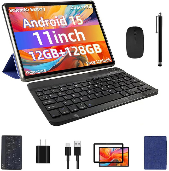 Android 15 태블릿 12GB+128GB +1TB 확장 페이스 잠금 해제 8000mAh 대용량 배터리+18W 고속 충전 듀얼 스테레오 스피커 옥타 코어 CPU Wi, C5 JPSB Blue, 1개