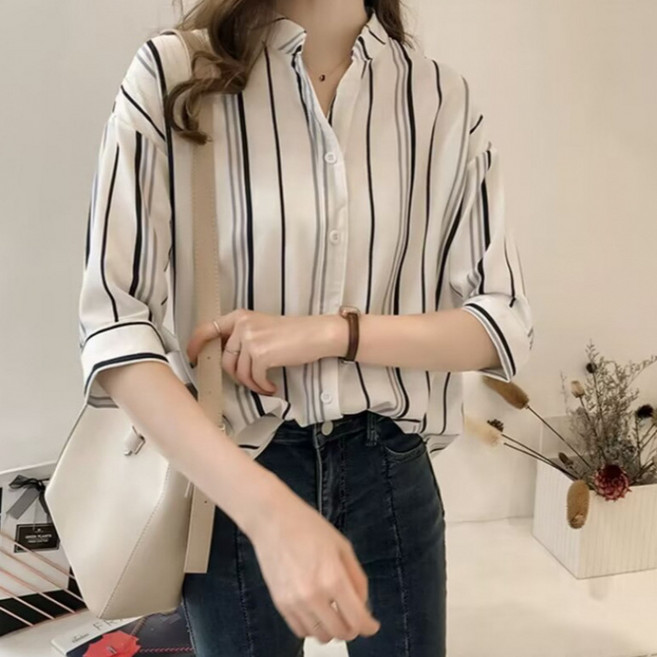 PETITBATH여성 셔츠 차이나넥 스트라이프 7부 소매 루즈핏 셔츠WZS60223