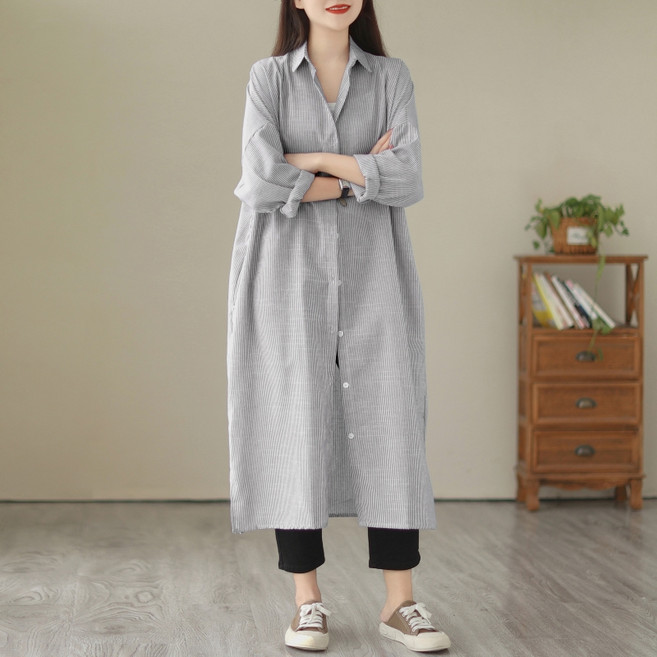 COSYEVNO 면마 셔츠 원피스 스트라이프 루즈핏 캐주얼 봄여름 여성 롱스커트