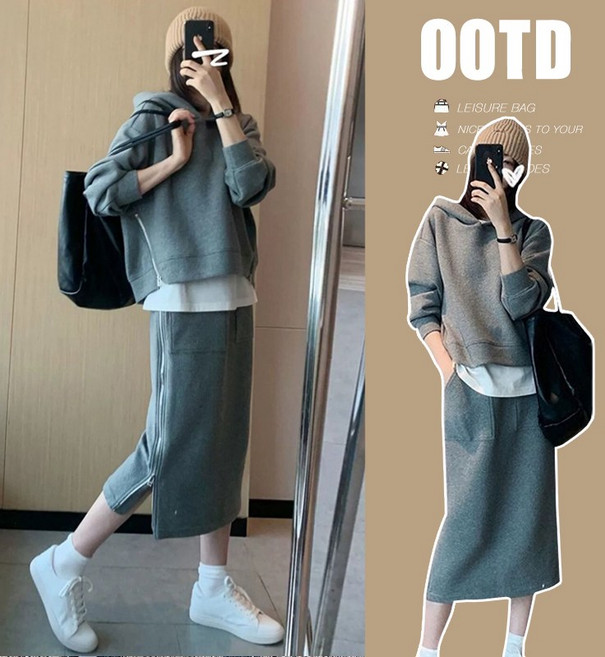 스타일닥터 여성 캐주얼 후드 맨투맨 스커트 투피스 오버핏 후드티 옆트임 스커트 투피스